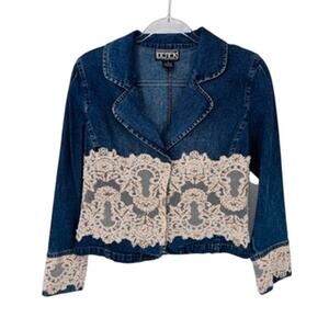 Vintage Berek 2 Takako Sakon Jean Jacket Womens Small Blue Lace Bead Trim Cotton
